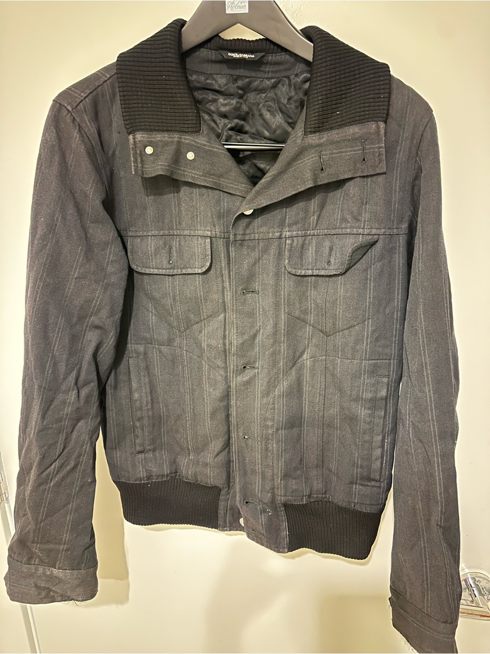 Dolce & Gabbana Charcoal Pinstripe Bomber Jacket with Ribbed Collar